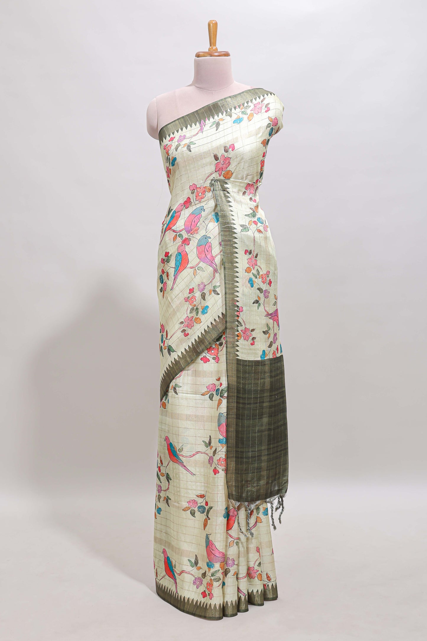 Green checked birds & floral design chanderi cotton saree with contrast border and blouse