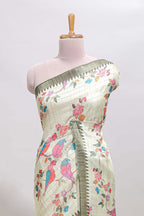 Green checked birds & floral design chanderi cotton saree with contrast border and blouse
