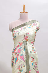 Green checked birds & floral design chanderi cotton saree with contrast border and blouse