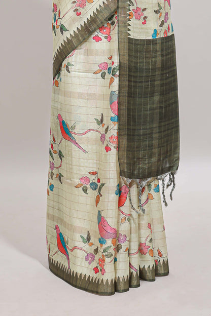 Green checked birds & floral design chanderi cotton saree with contrast border and blouse