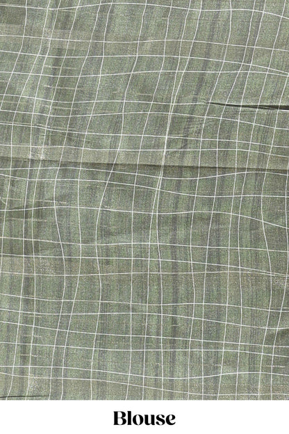 Green checked birds & floral design chanderi cotton saree with contrast border and blouse