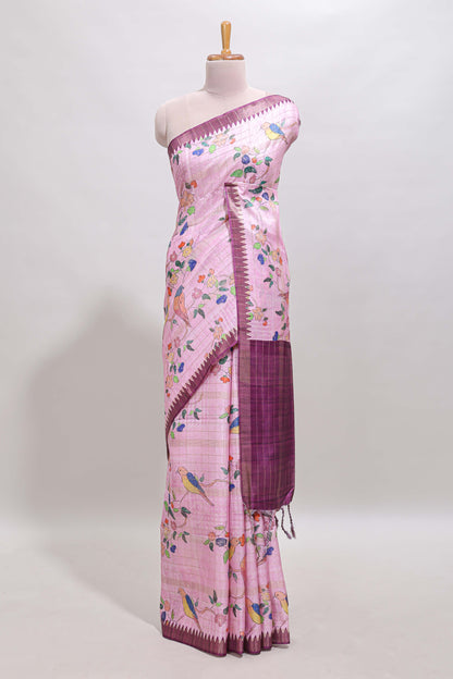 Pink checked birds & floral design chanderi cotton saree with contrast border and blouse