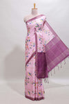 Pink checked birds & floral design chanderi cotton saree with contrast border and blouse