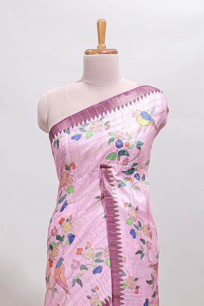 Pink checked birds & floral design chanderi cotton saree with contrast border and blouse