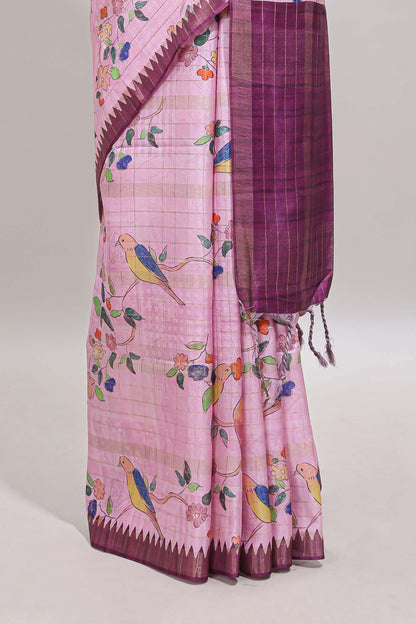Pink checked birds & floral design chanderi cotton saree with contrast border and blouse