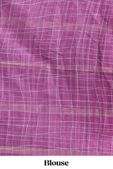 Pink checked birds & floral design chanderi cotton saree with contrast border and blouse