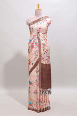 Brown checked birds & floral design chanderi cotton saree with contrast border and blouse