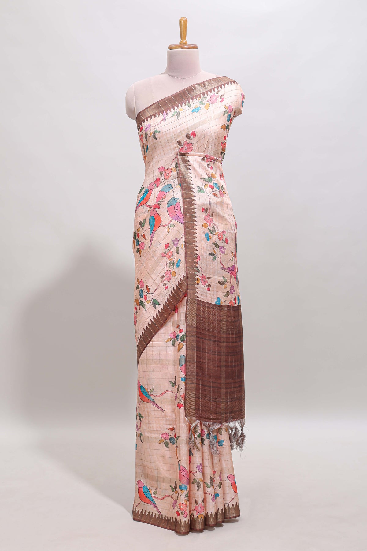 Brown checked birds & floral design chanderi cotton saree with contrast border and blouse