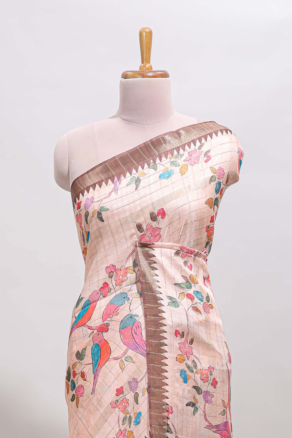 Brown checked birds & floral design chanderi cotton saree with contrast border and blouse