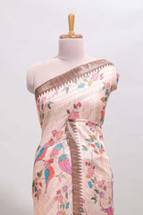 Brown checked birds & floral design chanderi cotton saree with contrast border and blouse