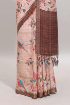 Brown checked birds & floral design chanderi cotton saree with contrast border and blouse