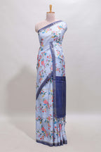 Lavender checked birds & floral design chanderi cotton saree with contrast border and blouse