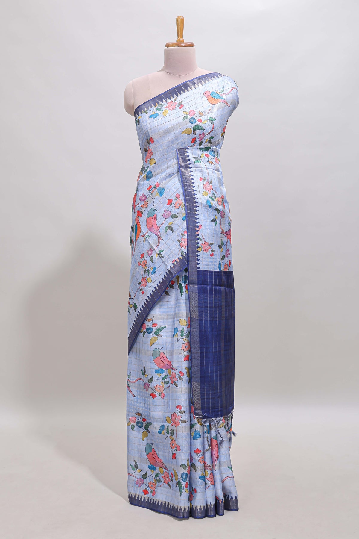 Lavender checked birds & floral design chanderi cotton saree with contrast border and blouse