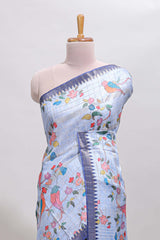 Lavender checked birds & floral design chanderi cotton saree with contrast border and blouse