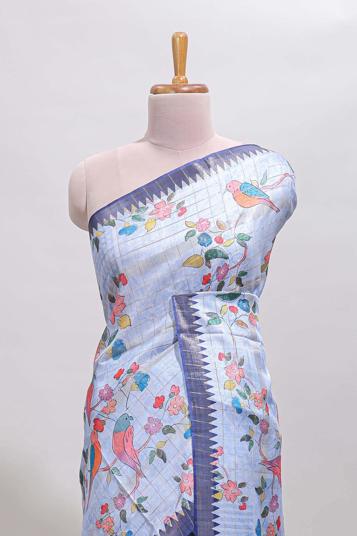 Lavender checked birds & floral design chanderi cotton saree with contrast border and blouse