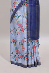 Lavender checked birds & floral design chanderi cotton saree with contrast border and blouse
