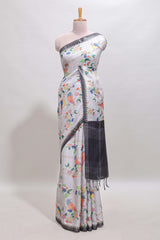 Grey checked birds & floral design chanderi cotton saree with contrast border and blouse