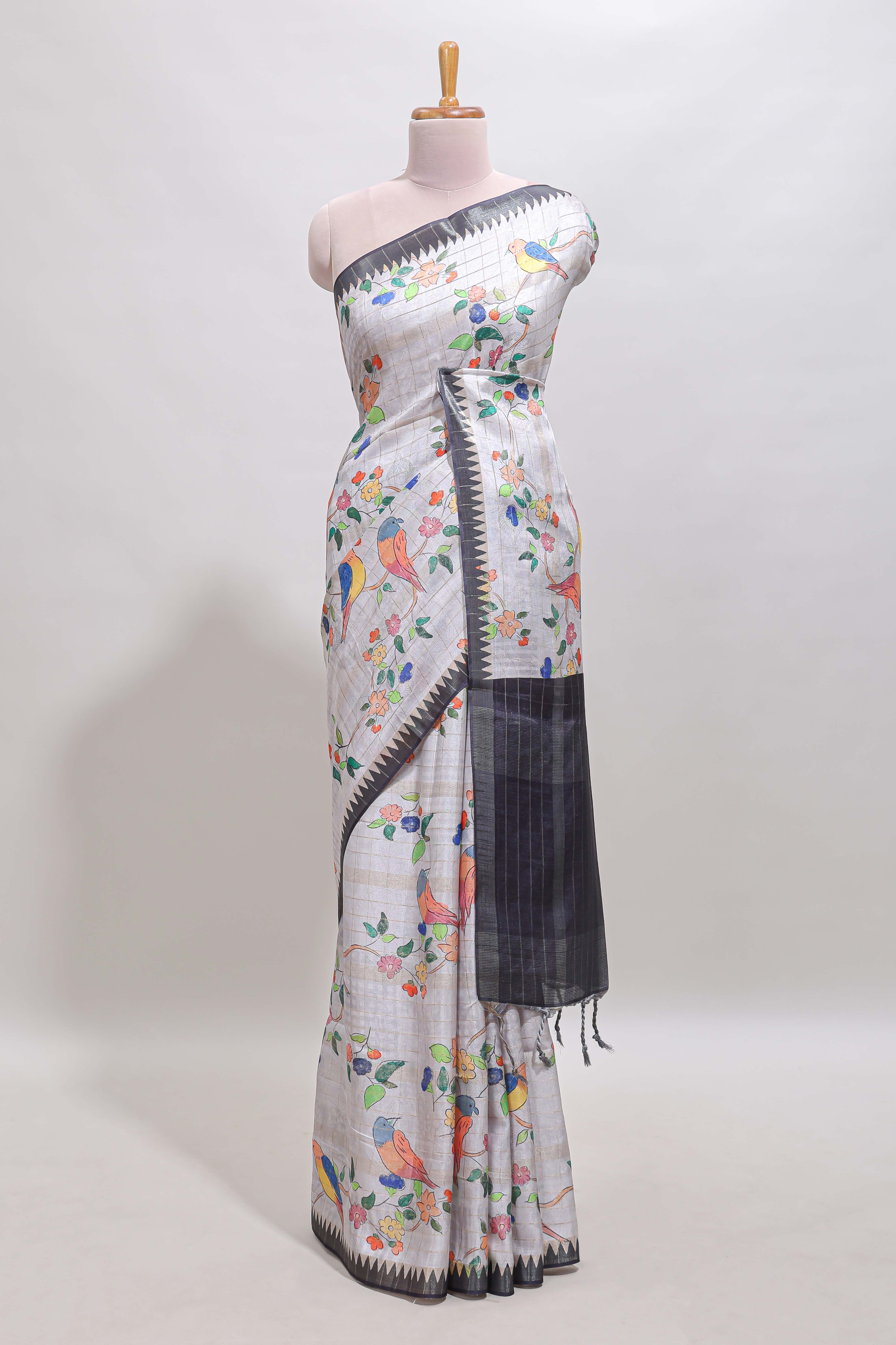 Grey checked birds & floral design chanderi cotton saree with contrast border and blouse