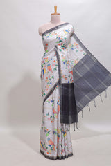 Grey checked birds & floral design chanderi cotton saree with contrast border and blouse