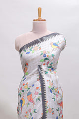 Grey checked birds & floral design chanderi cotton saree with contrast border and blouse