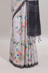 Grey checked birds & floral design chanderi cotton saree with contrast border and blouse
