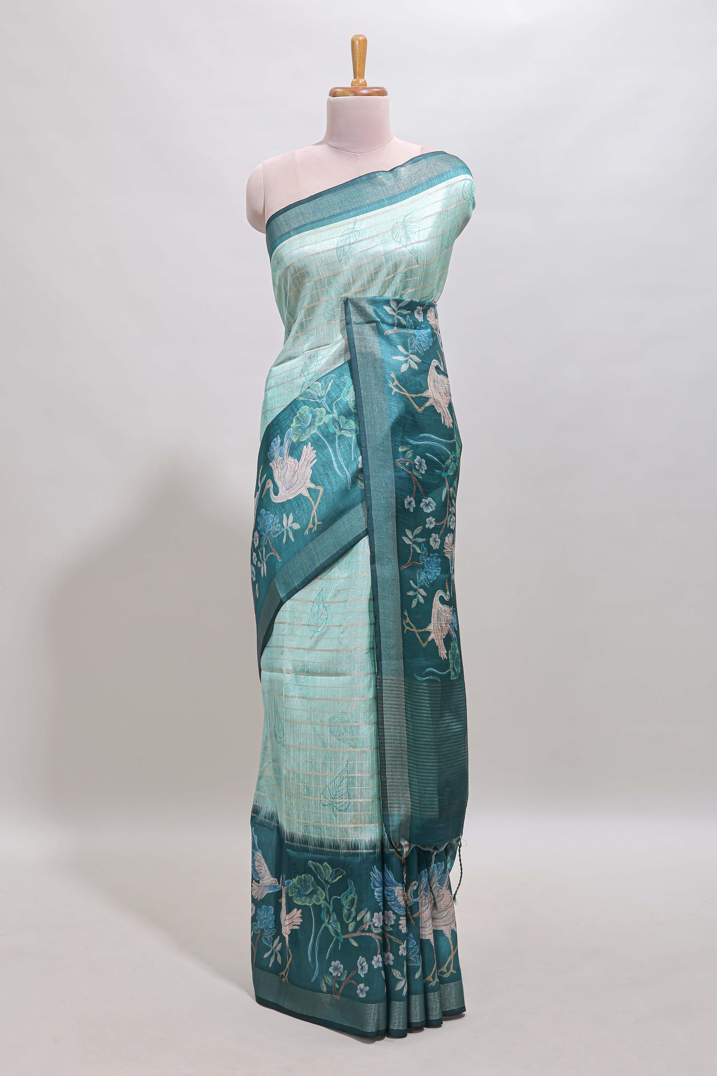 Green striped leaf design chanderi cotton saree with contrast floral & crane design border and blouse