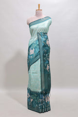 Green striped leaf design chanderi cotton saree with contrast floral & crane design border and blouse