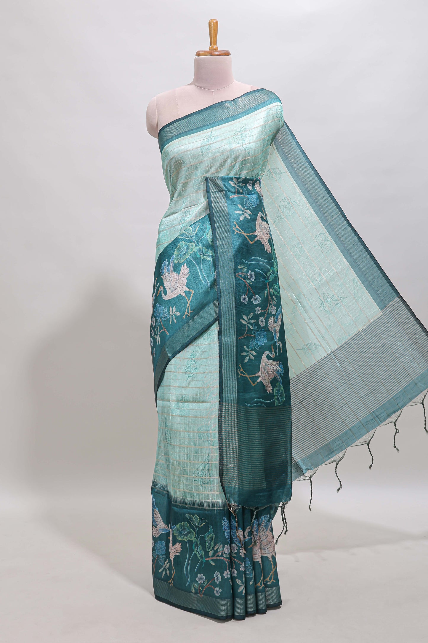Green striped leaf design chanderi cotton saree with contrast floral & crane design border and blouse