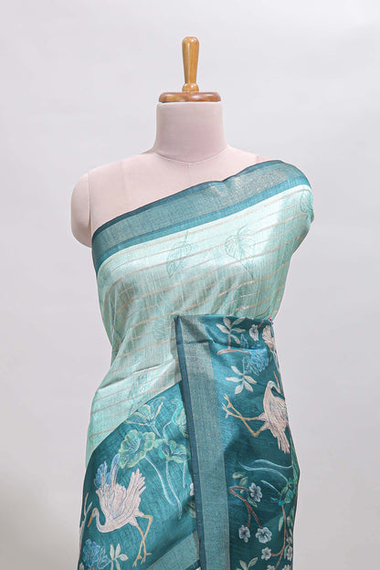 Green striped leaf design chanderi cotton saree with contrast floral & crane design border and blouse