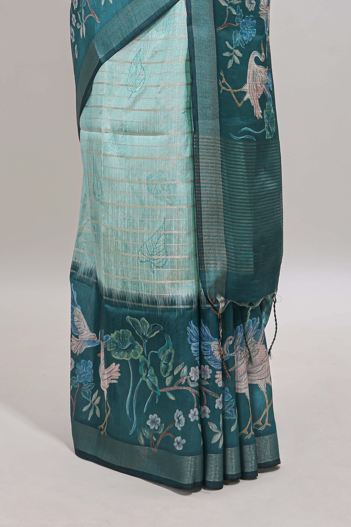 Green striped leaf design chanderi cotton saree with contrast floral & crane design border and blouse