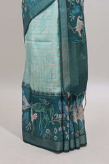 Green striped leaf design chanderi cotton saree with contrast floral & crane design border and blouse