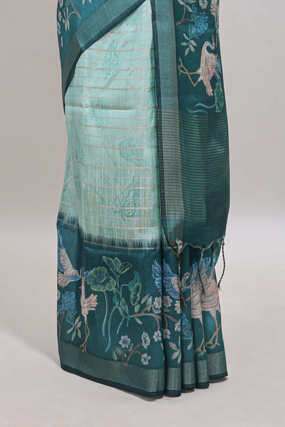 Green striped leaf design chanderi cotton saree with contrast floral & crane design border and blouse
