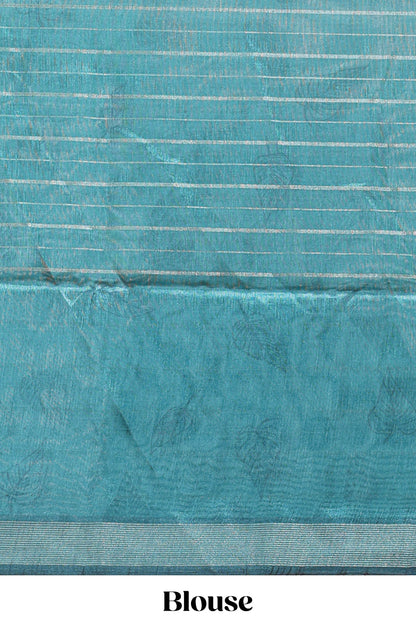 Green striped leaf design chanderi cotton saree with contrast floral & crane design border and blouse