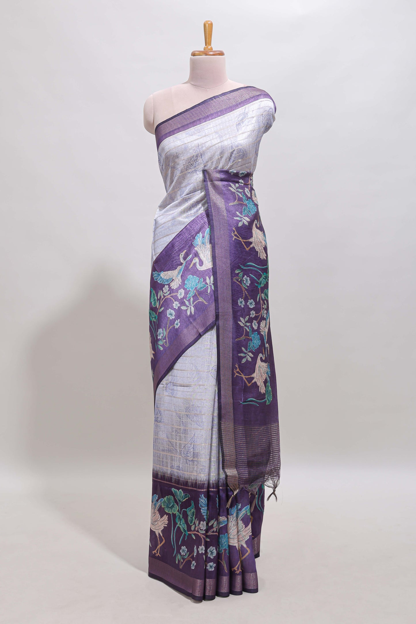 Violet striped leaf design chanderi cotton saree with contrast floral & crane design border and blouse