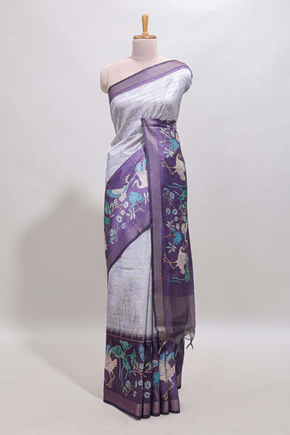 Violet striped leaf design chanderi cotton saree with contrast floral & crane design border and blouse
