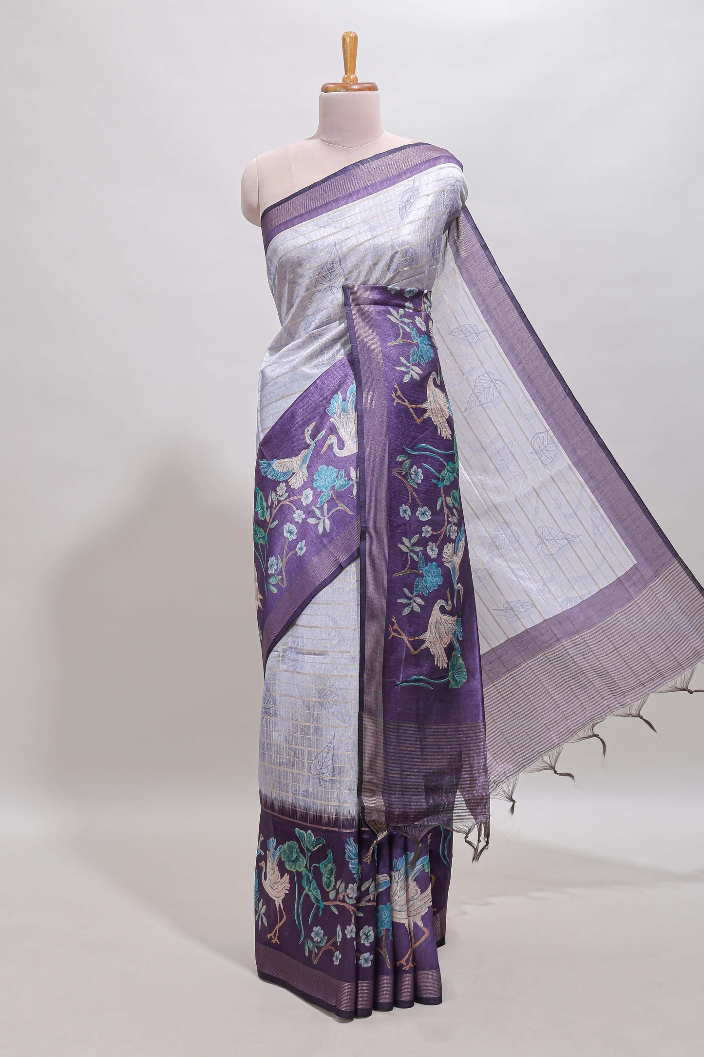 Violet striped leaf design chanderi cotton saree with contrast floral & crane design border and blouse