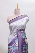 Violet striped leaf design chanderi cotton saree with contrast floral & crane design border and blouse