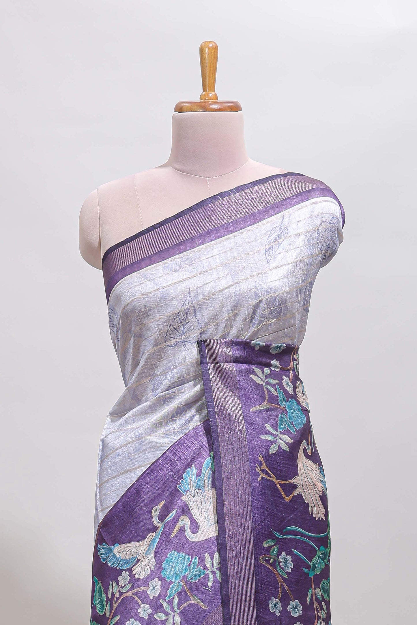 Violet striped leaf design chanderi cotton saree with contrast floral & crane design border and blouse