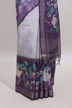 Violet striped leaf design chanderi cotton saree with contrast floral & crane design border and blouse
