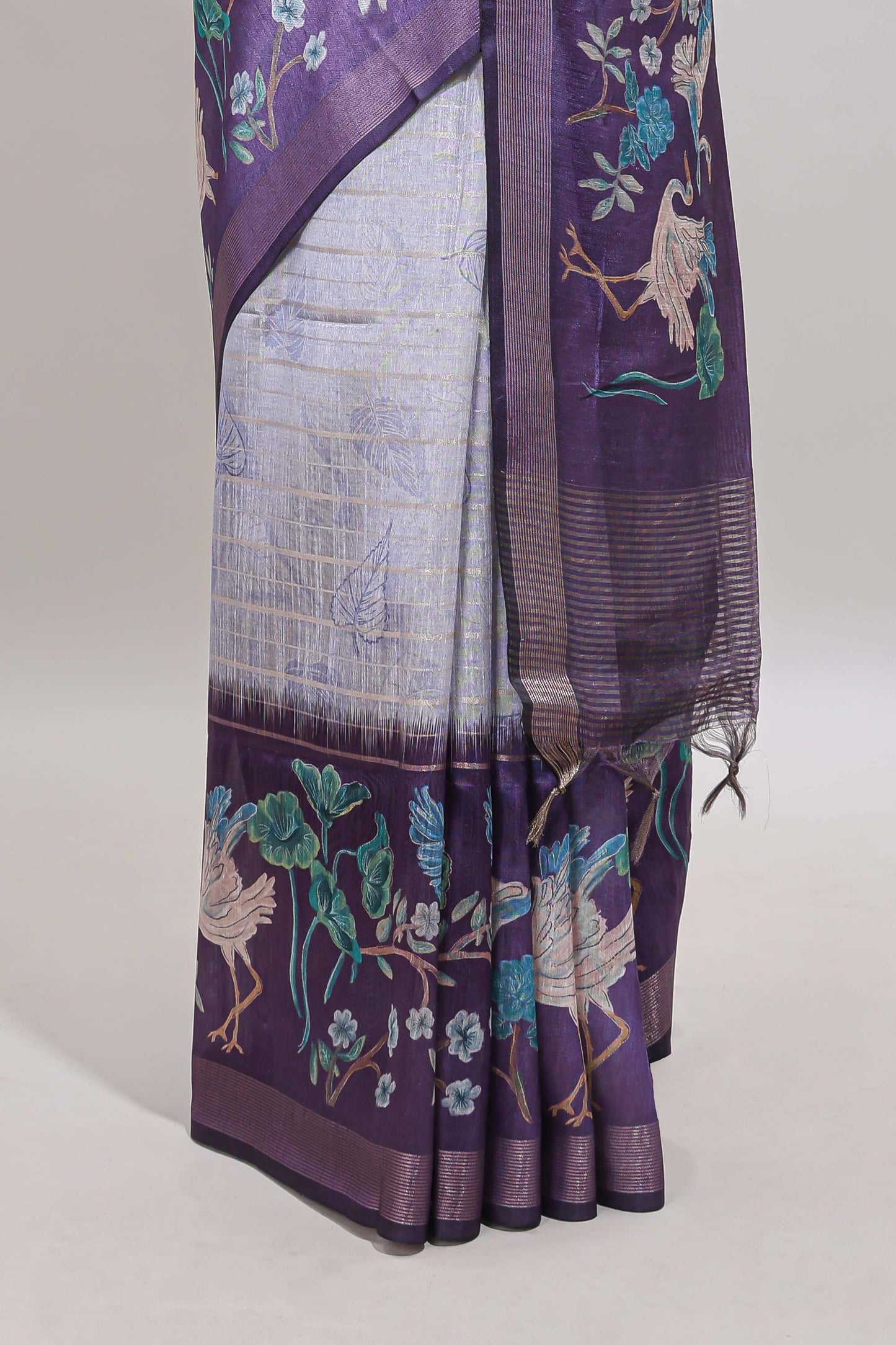 Violet striped leaf design chanderi cotton saree with contrast floral & crane design border and blouse