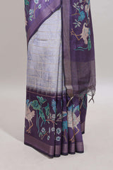 Violet striped leaf design chanderi cotton saree with contrast floral & crane design border and blouse