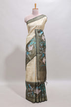 Green striped leaf design chanderi cotton saree with contrast floral & crane design border and blouse