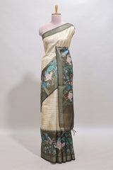 Green striped leaf design chanderi cotton saree with contrast floral & crane design border and blouse