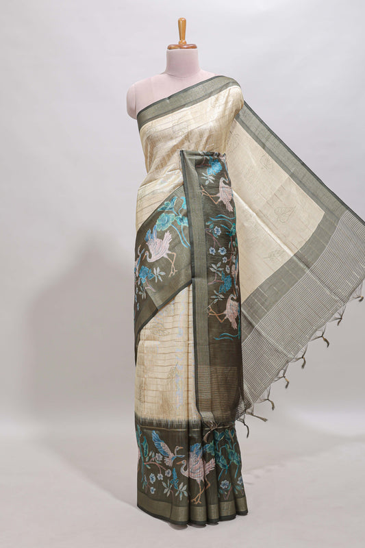 Green striped leaf design chanderi cotton saree with contrast floral & crane design border and blouse