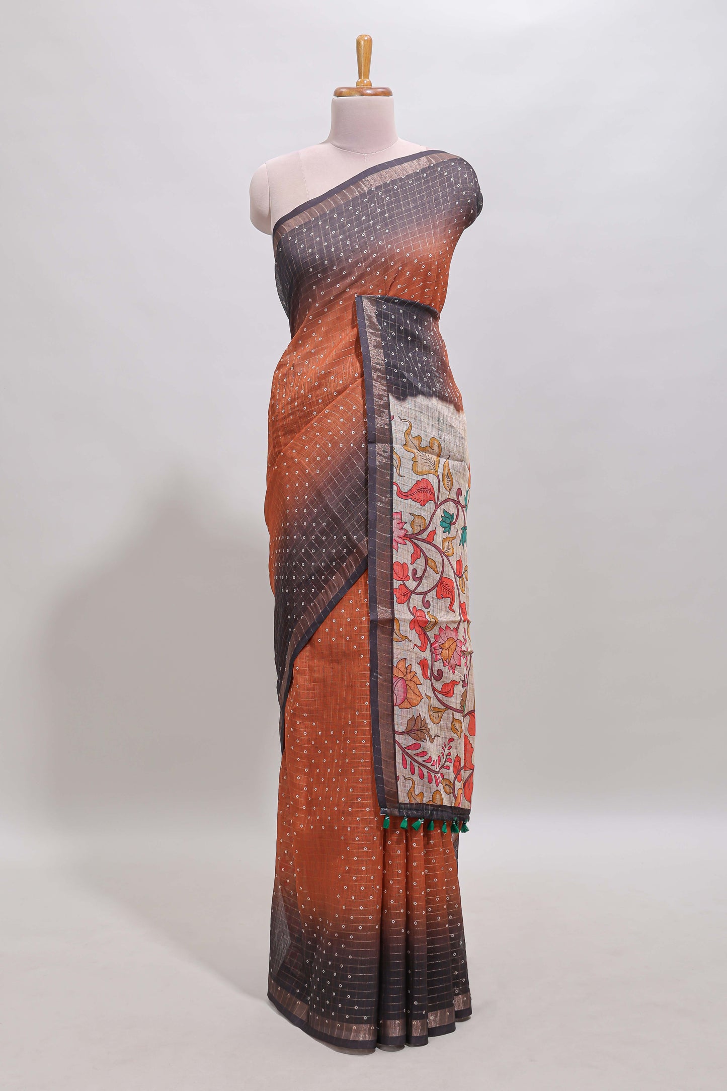 Rust orange checked buttas chanderi cotton saree with self border and contrast blouse