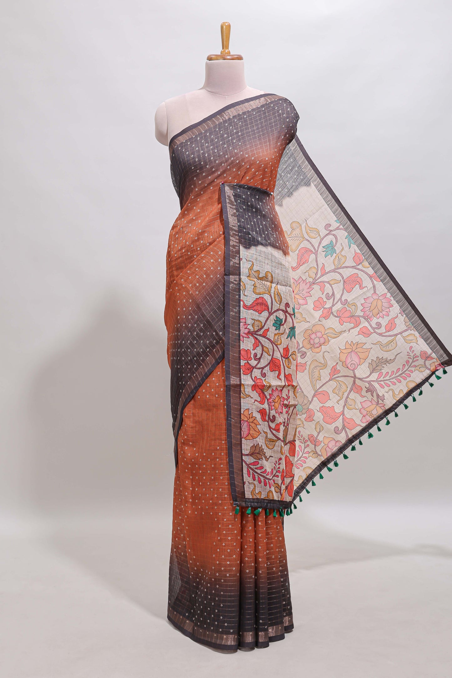 Rust orange checked buttas chanderi cotton saree with self border and contrast blouse