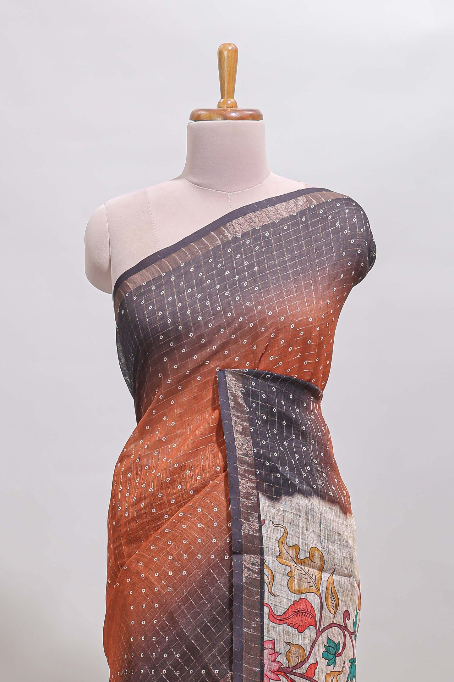 Rust orange checked buttas chanderi cotton saree with self border and contrast blouse