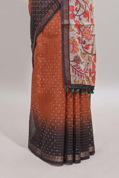 Rust orange checked buttas chanderi cotton saree with self border and contrast blouse