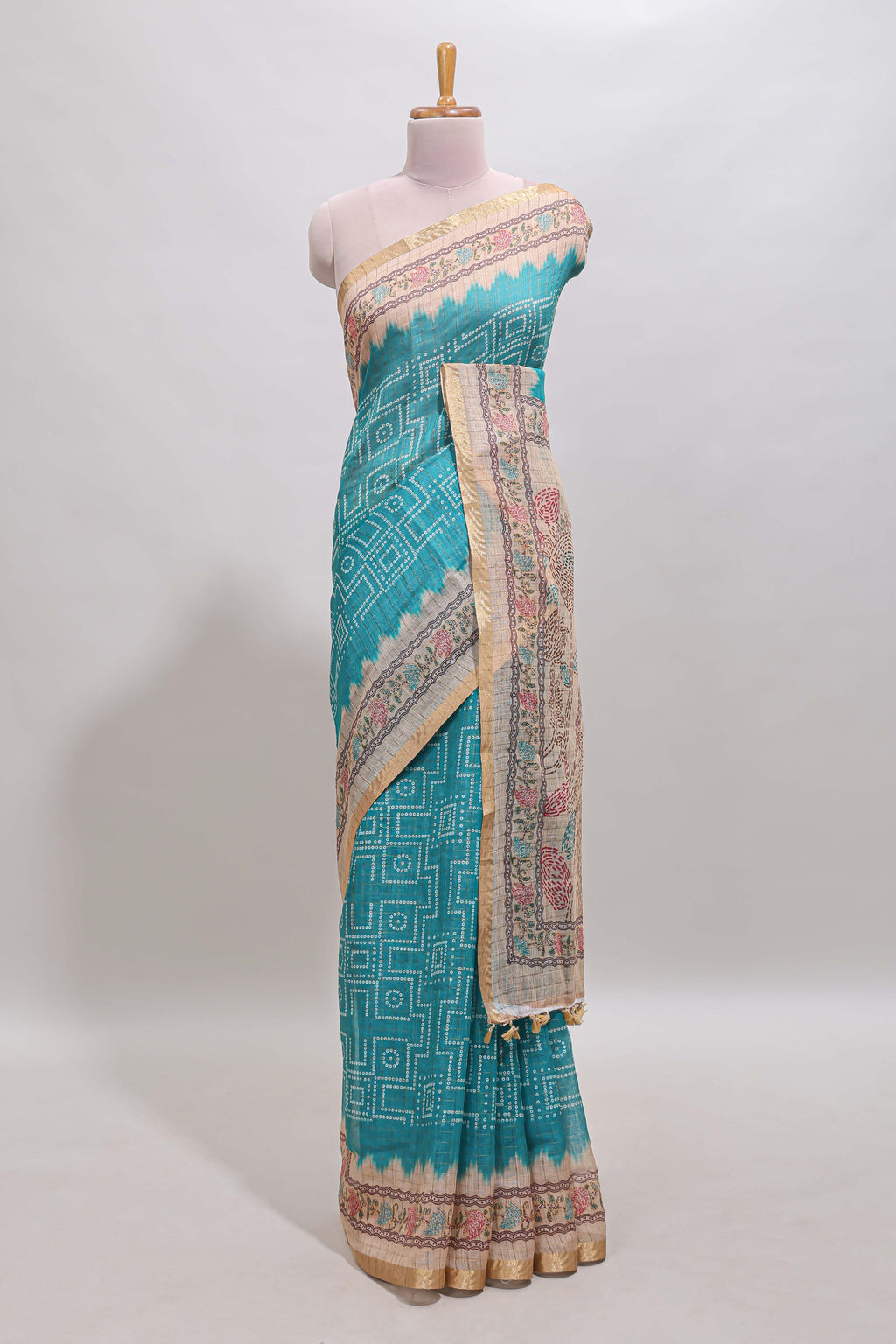 Blue bhandhini style chanderi cotton saree with contrast border and floral print blouse