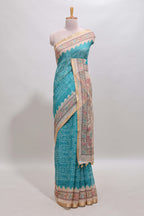 Blue bhandhini style chanderi cotton saree with contrast border and floral print blouse